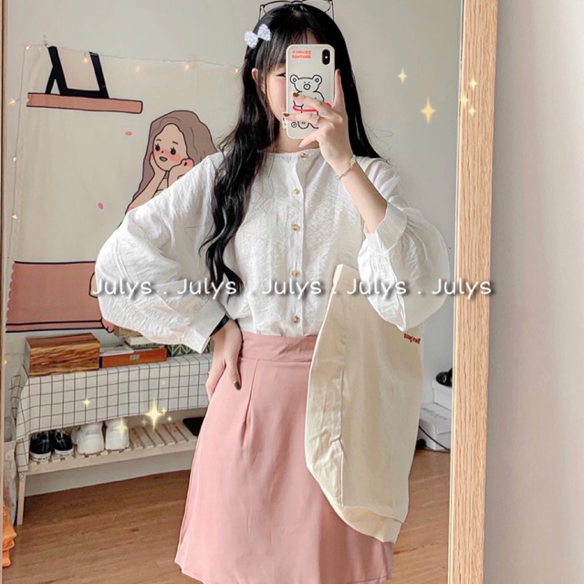 [Mã WASKT304 giảm 15% tối đa 30K đơn 99K] Sơ mi cổ tròn tay bồng (ảnh thật tự chụp kèm video cận cảnh)