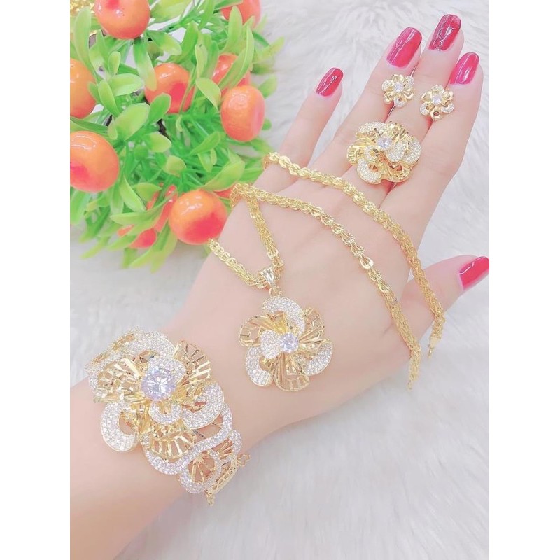 set bộ trang sức kiểu hoa xoáy màu vàng 18 cao cấp 4 món cực đẹp
