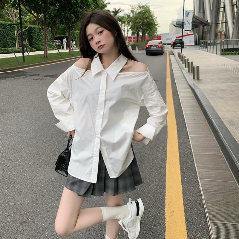 Áo Kiểu Trễ Vai Tay Dài Màu Trắng Thiết Kế Mới 2022 Thời Trang Cho Nữ