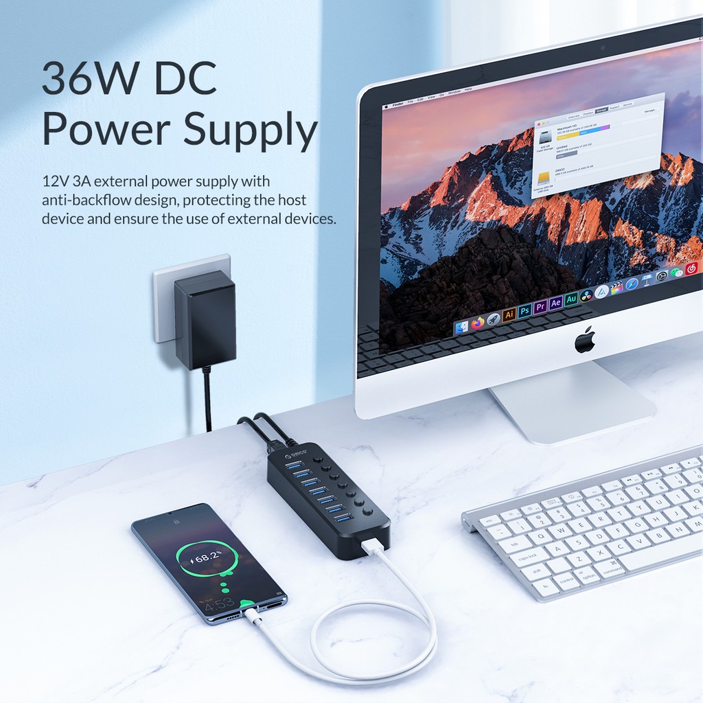 HUB USB 3.0 HUB 7 Cổng + 1 cổng sạc + công tắc Bật/Tắt riêng (Có adapter rời)