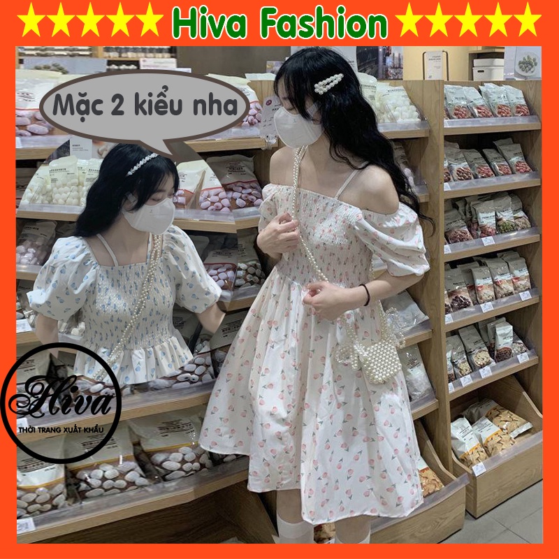 Váy đầm trắng hoa nhí 2 dây đi biển dự tiệc cổ vuông có thể kéo trễ vai vintage thiết kế body tay ngắn