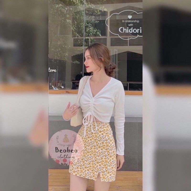 Áo Croptop Cổ Tim Rút Dây Ngực Tay Dài A5098