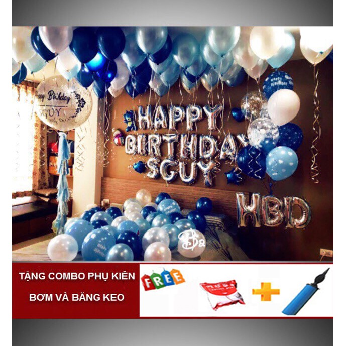 Set bóng chữ HAPPY BIRTHDAY + 50 bóng nhũ + 1 bóng số + 2 sao to (kèm bơm+ keo dính bóng)