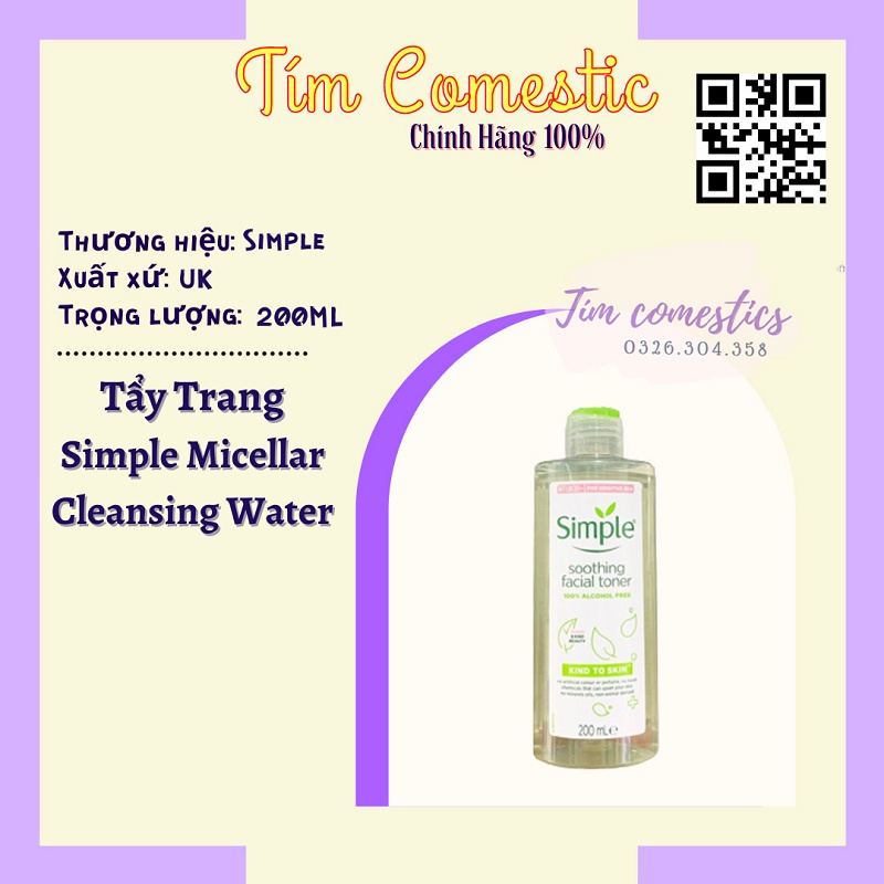[HÀNG CHÍNH HÃNG] Tẩy trang Simple Micellar Cleansing Water 200ml_Cấp ẩm nhẹ nhàng_Lấy sạch bụi bẩn