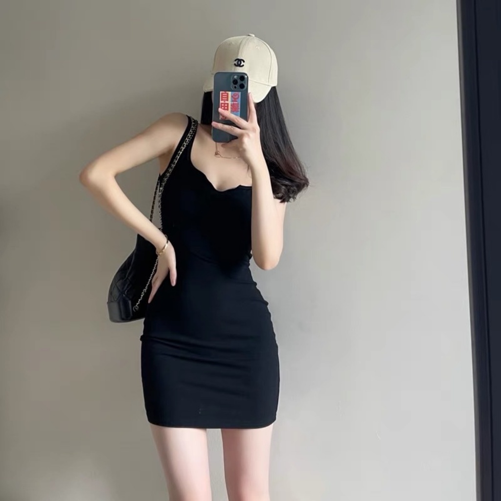 Váy sát nách body cổ xẻ V thun gân