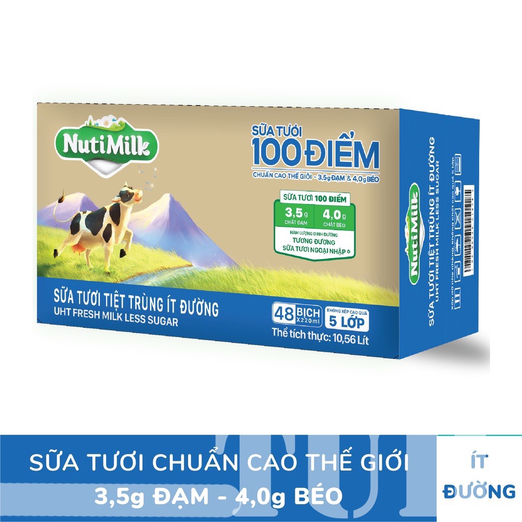 Thùng 48 Bịch NutiMilk Sữa tươi 100 điểm ít đường 220ml/bịch-TUH