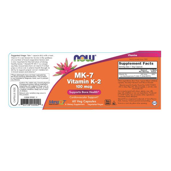 Thực Phẩm Bảo Vệ Sức Khỏe NOW MK-7 Vitamin K-2 100mcg Tốt Cho Quá Trình Tạo Xương, Giúp Cho Răng Chắc Khỏe Chai 60 Viên