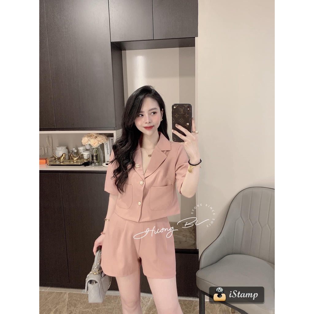 Set vest croptop hồng mix quần short đùi HN601