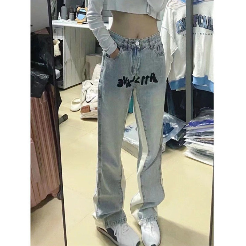 Cocory vn Quần Jeans Nữ Lưng Cao Thêu Chữ Thời Trang