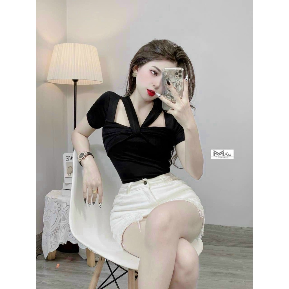 Áo kiểu tay ngắn 2 dây chéo tam giác ngực xinh xinh , chất thun bozip mềm mịn ly