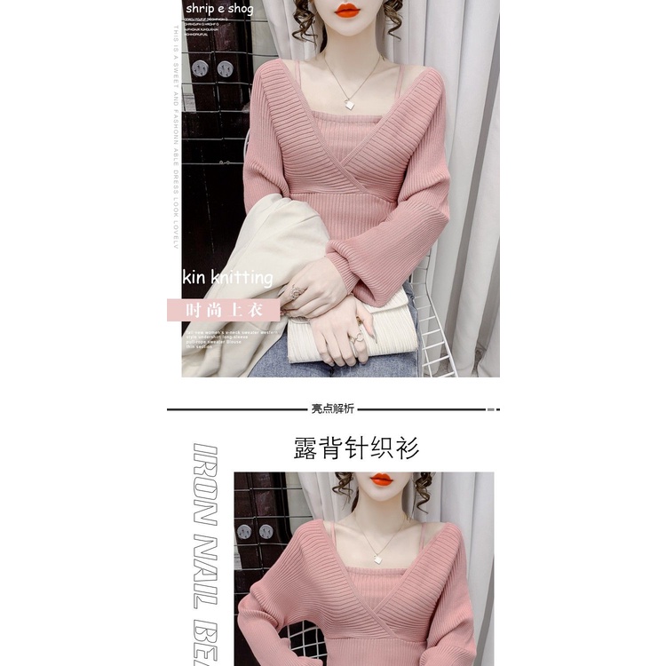 Autumn suit 2022 new style slim style, foreign style, short collar, short sling, fake two sweaters and knitted blouses
