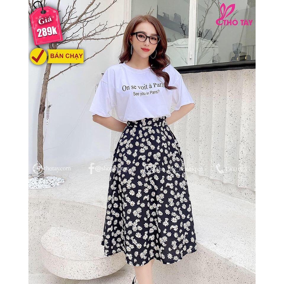 Sét áo và chân váy nữ áo trắng thun cotton in chữ phối chân váy họa tiết cúc họa mi kiểu dáng trẻ trung thanh lịch