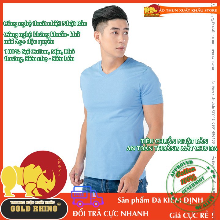 áo thun Nam cổ tim cao cấp hiệu GOLD RHINO màu xanh biển ngắn tay 100% cotton vải mịn thoáng mát  -Hàng Có Sẵn