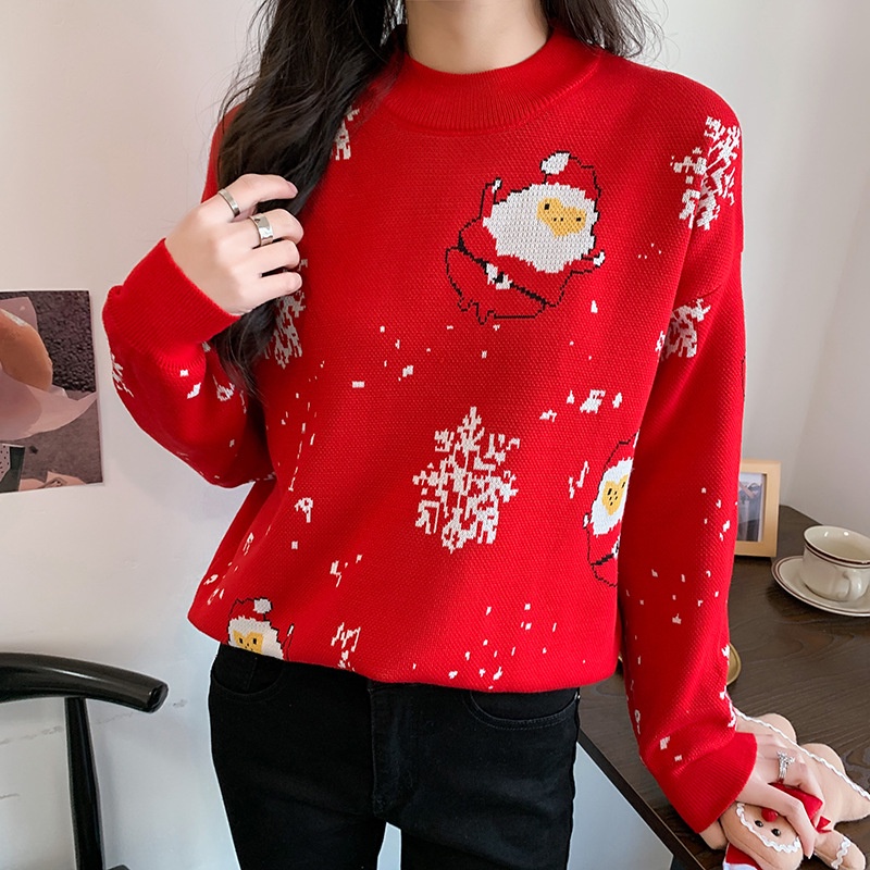 Áo sweater IELGY tay dài cổ tròn in họa tiết giáng sinh màu đỏ/ đen thời trang dành cho nữ