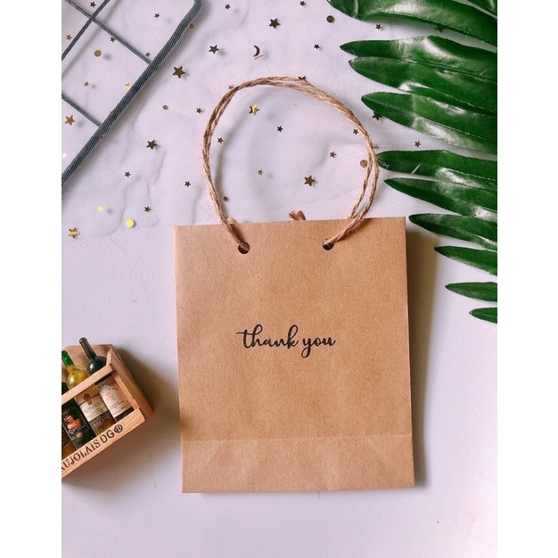 Túi giấy xi măng/kraft vintage giá rẻ có quai chữ Thank You xinh xắn 13 x 12 x 5cm