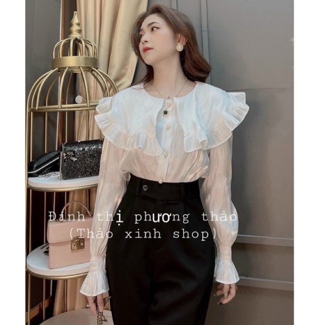 Áo sơ mi tơ óng cổ sen bèo tiểu thư siêu xinh L1 ql