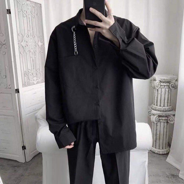 Áo Sơ Mi Nam Màu Trắng - Đen Túi Ngực Phối Xích Ở Cổ Mặc Đi Học, Mặc Đi Chơi Phong Cách Hàn Quốc | BigBuy360 - bigbuy360.vn