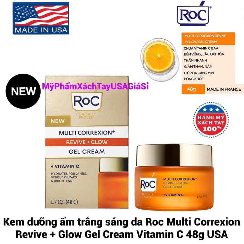 Kem dưỡng ẩm trắng sáng da Roc Multi Correxion Revive + Glow Gel Cream Vitamin C 48g USA