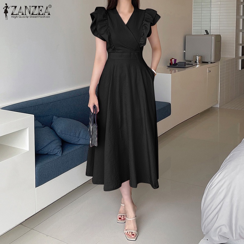 Đầm dài ZANZEA cổ chữ V tay bèo thời trang cho nữ
