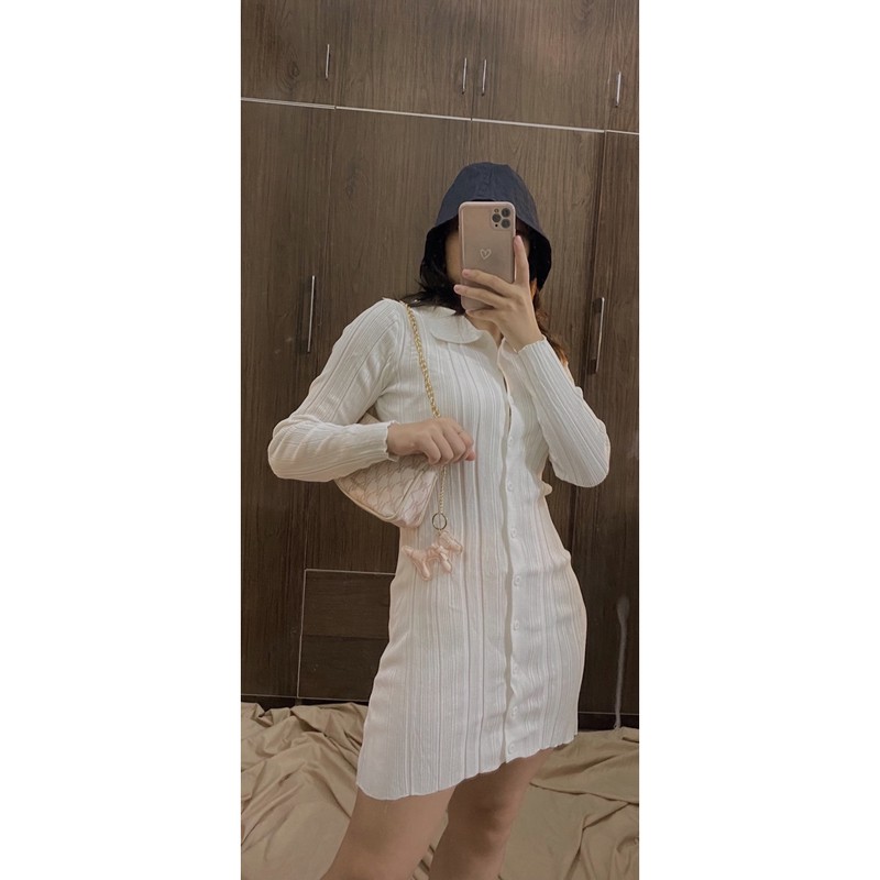 Váy body dài tay trắng dáng ngắn khuy cài có cổ kèm ảnh thật