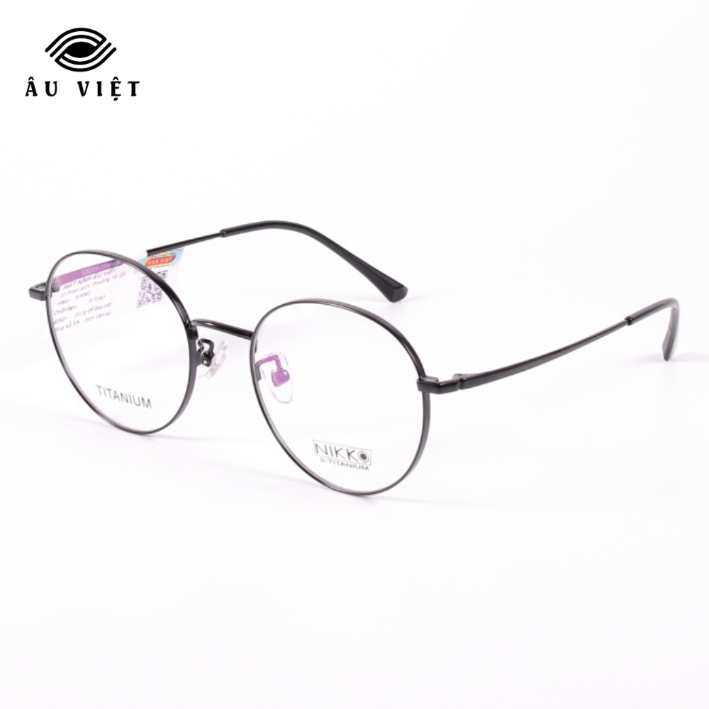 Gọng kính kim loại titanium Nikko 8325 nam nữ unisex dáng tròn màu vàng hồng/viền đen/đen Full box