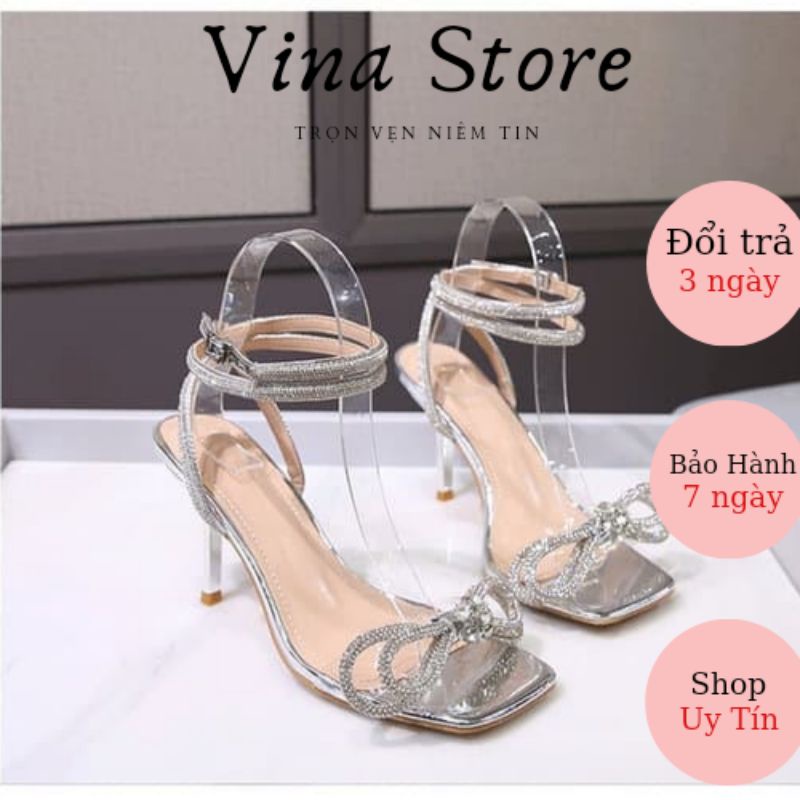Sandal Nữ Cao Gót 9P Quai Đính Nơ Đá Công Chúa đế nhọn Cao Cấp Hottrend 2021- mã L97