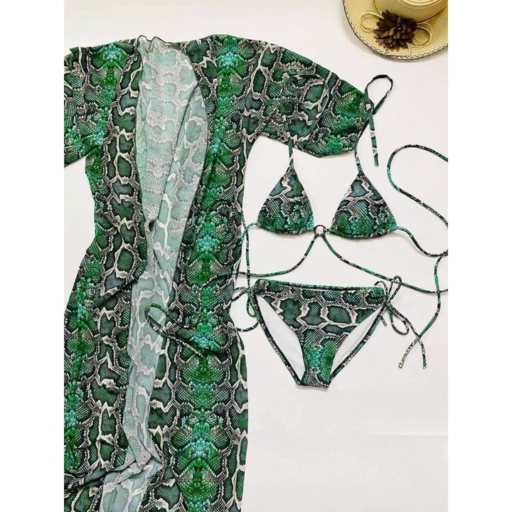Set 3 chi tiết bikini áo choàng họa tiết đi biển, set đồ bơi tam giác buộc dây SAVVY high quality Korean swimwear