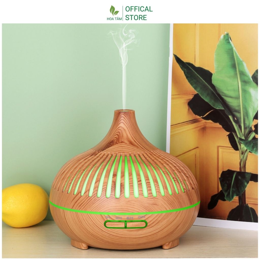Máy xông tinh dầu phòng ngủ khuếch tán hương thơm, cổ cao vân gỗ, có điều khiển 550ml đèn led 7 màu