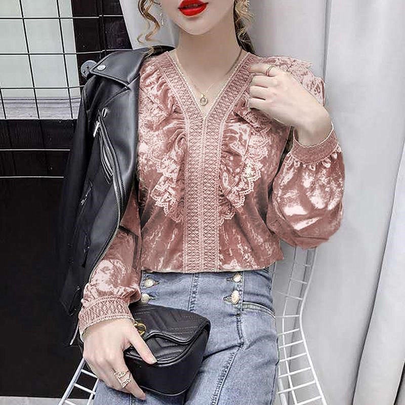 Áo nhung phối ren cổ chữ V phong cách retro Hàn Quốc thoải mái thời trang thu đông cho nữ 2021