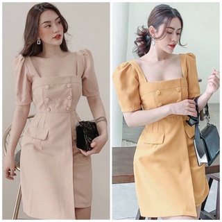 Đầm cổ vuông nút bọc 2 màu (kèm hình thật)