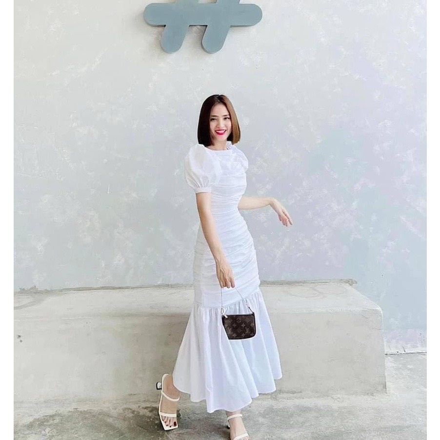 Đầm maxi đi biển đi tiệc lụa xòe đầm váy trắng dài đuôi cá đi biển đi tiệc đi đám cưới