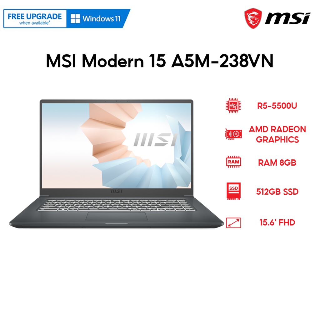 Laptop MSI Modern 15 A5M-238VN (R5-5500U | 8GB | 512GB | AMD Radeon Graphics | 15.6' FHD | Win 11)