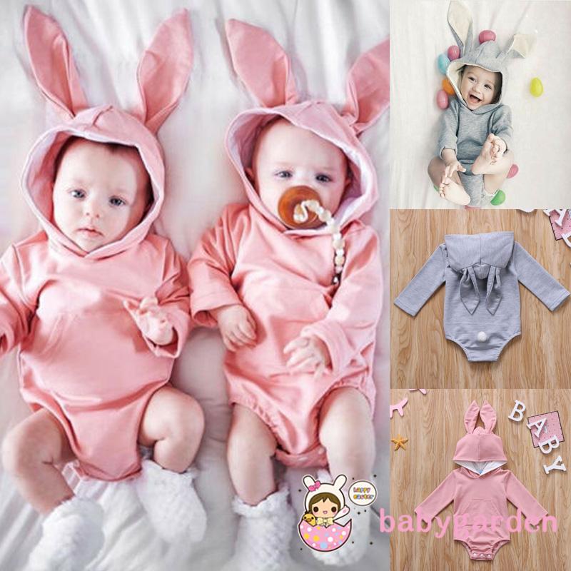 Áo Liền Quần Có Mũ Trùm Đầu Tai Thỏ Đáng Yêu Cho Bé Sơ Sinh