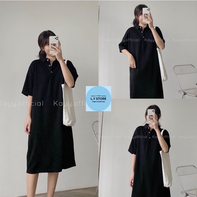 Váy Polo Cúc Đồng   🌸 Đầm dáng suông màu đen trơn, thun tay lỡ bánh bèo cá tính Ulzzang 🌸