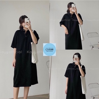Váy Polo Cúc Đồng  [FREESHIP] 🌸 Đầm dáng suông màu đen trơn, thun tay lỡ bánh bèo cá tính Ulzzang 🌸