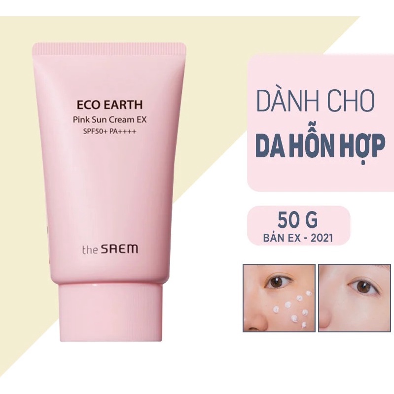 Kem chống nắng the Saem màu hồng dưỡng ẩm trắng da nâng mỏng nhẹ The Saem Eco Earth Pink Sun Cream Ex SPF50+ 50g