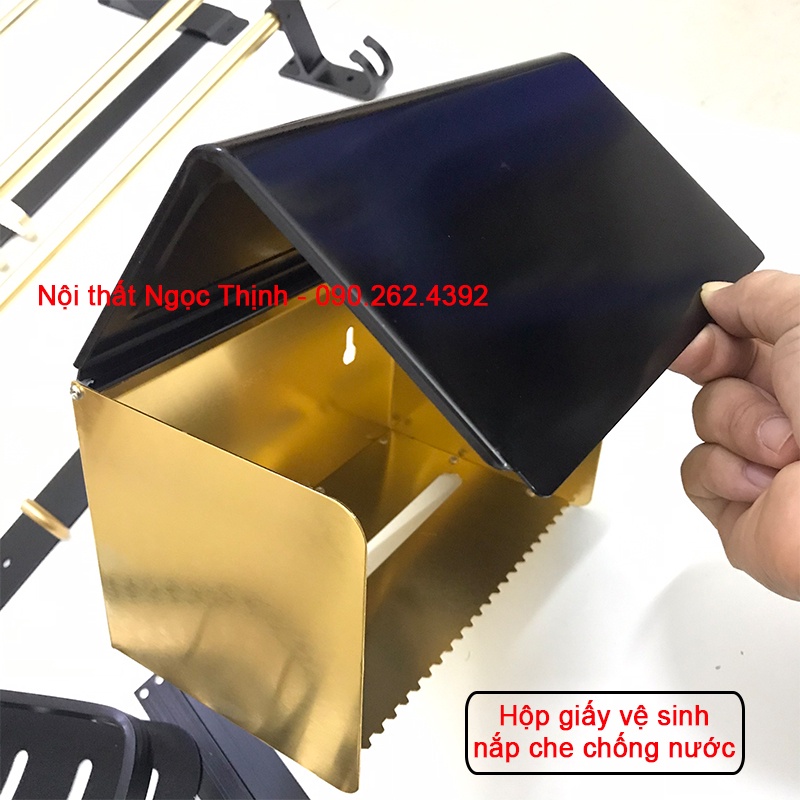 Bộ COMBO 6 món phụ kiện nhà tắm nano tĩnh điện Đen Vàng sang trọng chống xước, không bong tróc