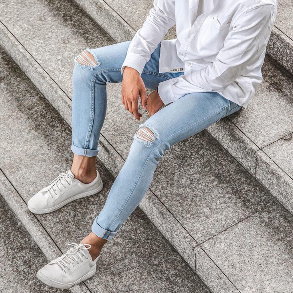 Quần jean nam quần bò xanh nhạt rách hai bên kiểu thời trang chất jean co dãn hàng chuẩn như hình ms888