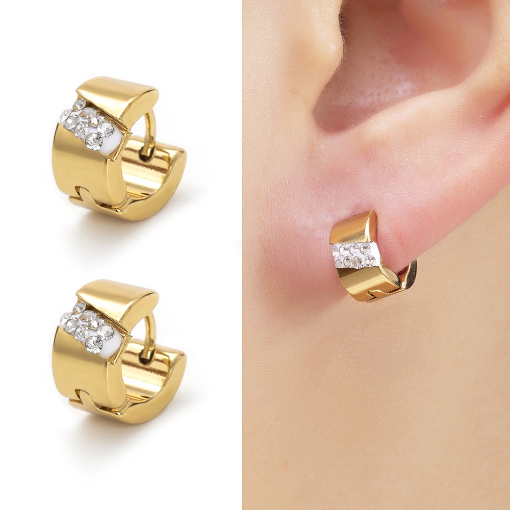 Khuyên Tai Tròn Nhỏ Đính Đá Bằng Thép Không Gỉ Phong Cách Hip hop Cho Nam Nữ