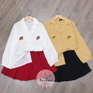 [Ảnh thật] Áo sơ mi cổ vest tay bo thêu hình cherry ulzzang