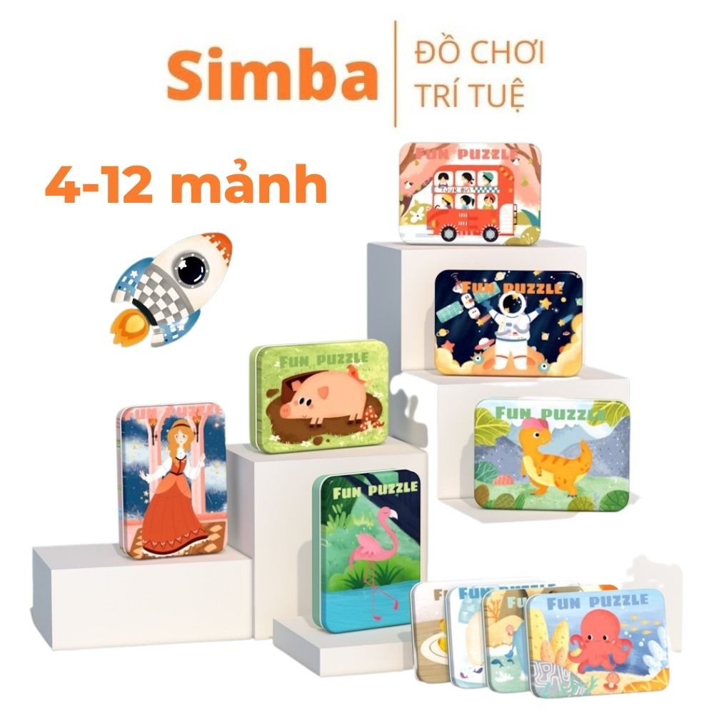 Xếp hình gỗ 4-12 mảnh đồ chơi Simba xếp hình hộp thiếc nhiều chủ đề cho bé