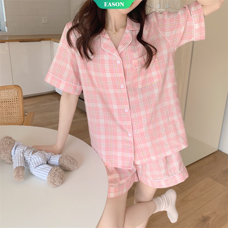 Bộ Đồ Ngủ Ngắn Tay Họa Tiết Sọc Caro Xinh Xắn Dễ Thương