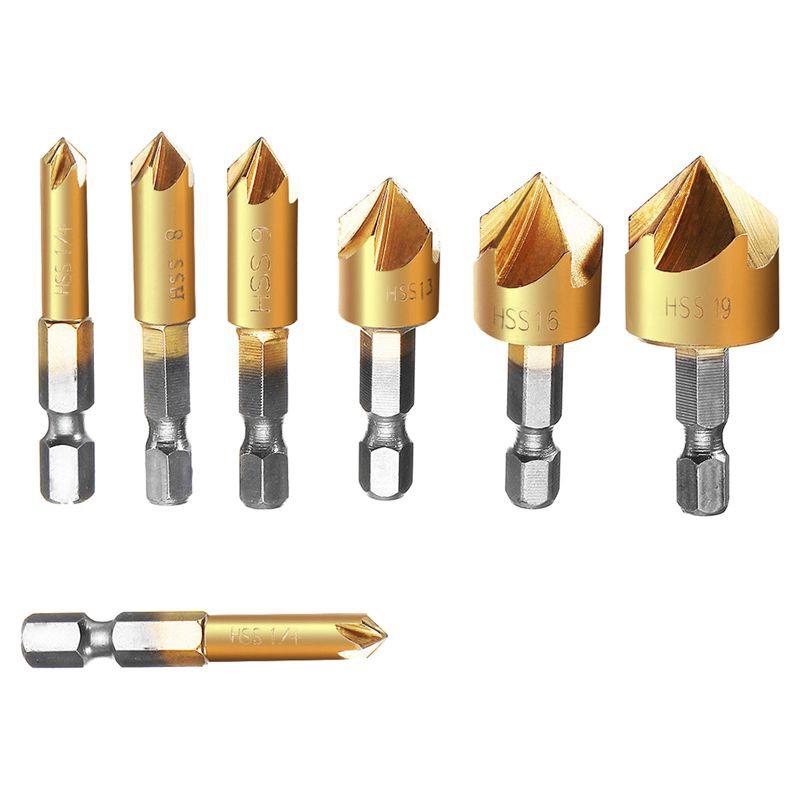 6 x 1/4inch Hex HSS Countersink Drill Bit Set Chamfer Cutter 6-19