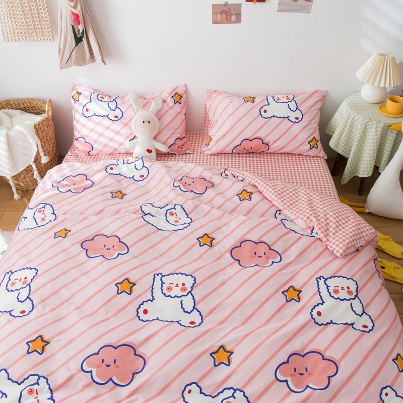 Bộ vỏ chăn ga gối cotton poly Decor Bedding chăn ga nhập khẩu đủ mọi kích thước Drap giường - gấu hồng phối sọc