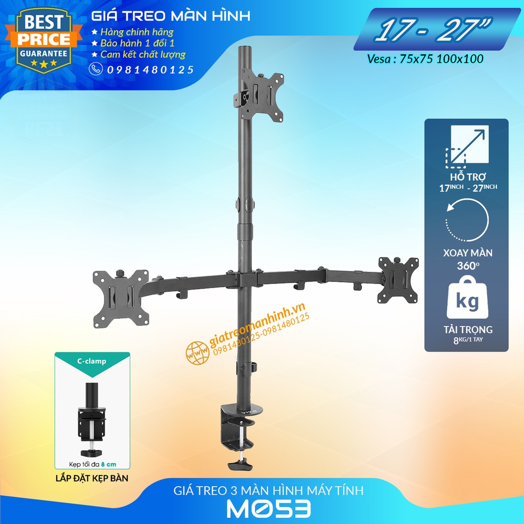 Giá Treo 3 Màn Hình M053 Cao Cấp 17-27 Inch / Tải Trọng 8Kg - Trụ 80Cm - Lắp Đặt Kẹp Bàn