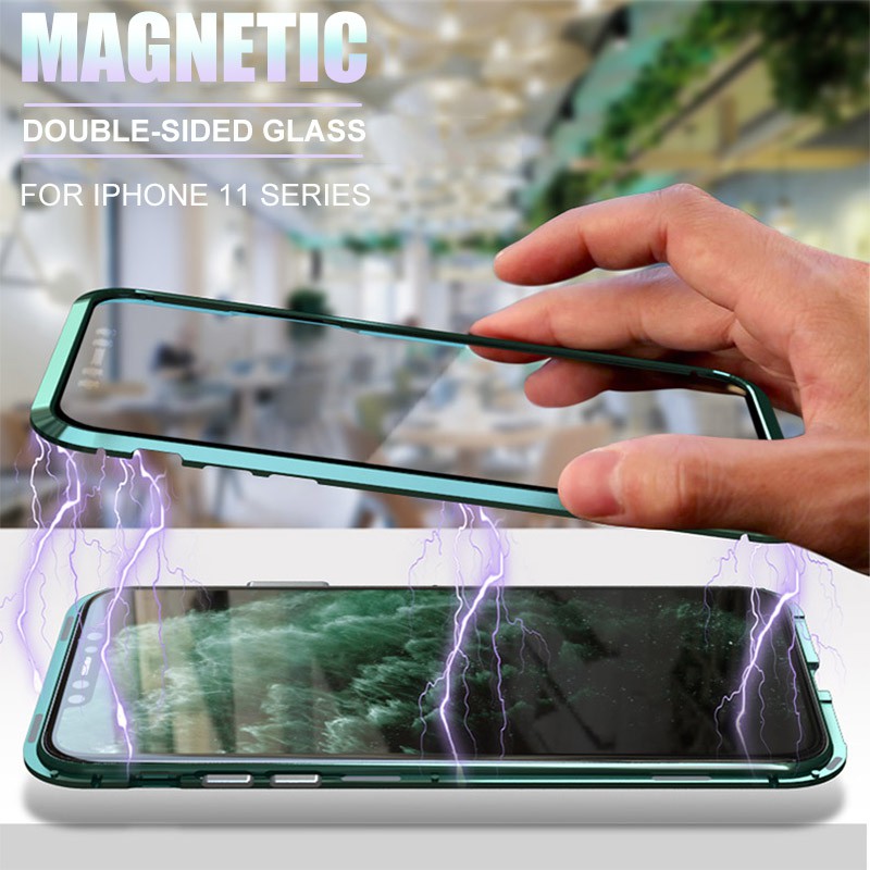 Ốp lưng điện thoại kim loại 360 cho i phone 11 pro max XR XS MAX 7 8 PLUS 6 6s Vỏ kính cường lực hai mặt ốp lưng iphone 11