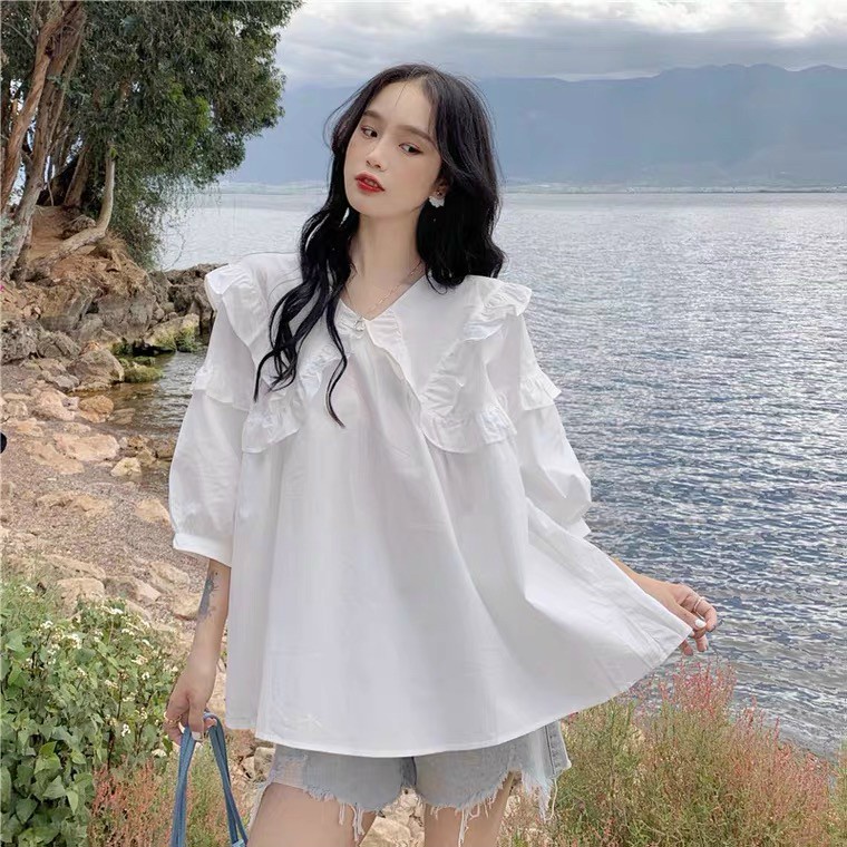 áo babydoll tiểu thư viền bèo , áo sơ mi nữ kiểu  A556  KACA