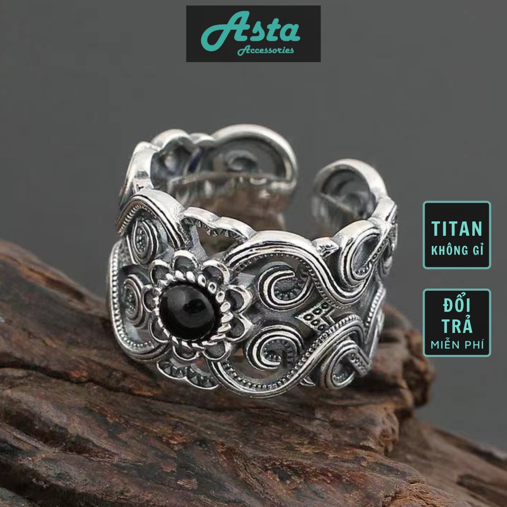 Nhẫn nam nữ tròn Asta Accessories màu bạc thời trang chất Titan đẹp đơn giản không gỉ - Nhẫn Hoa Đá