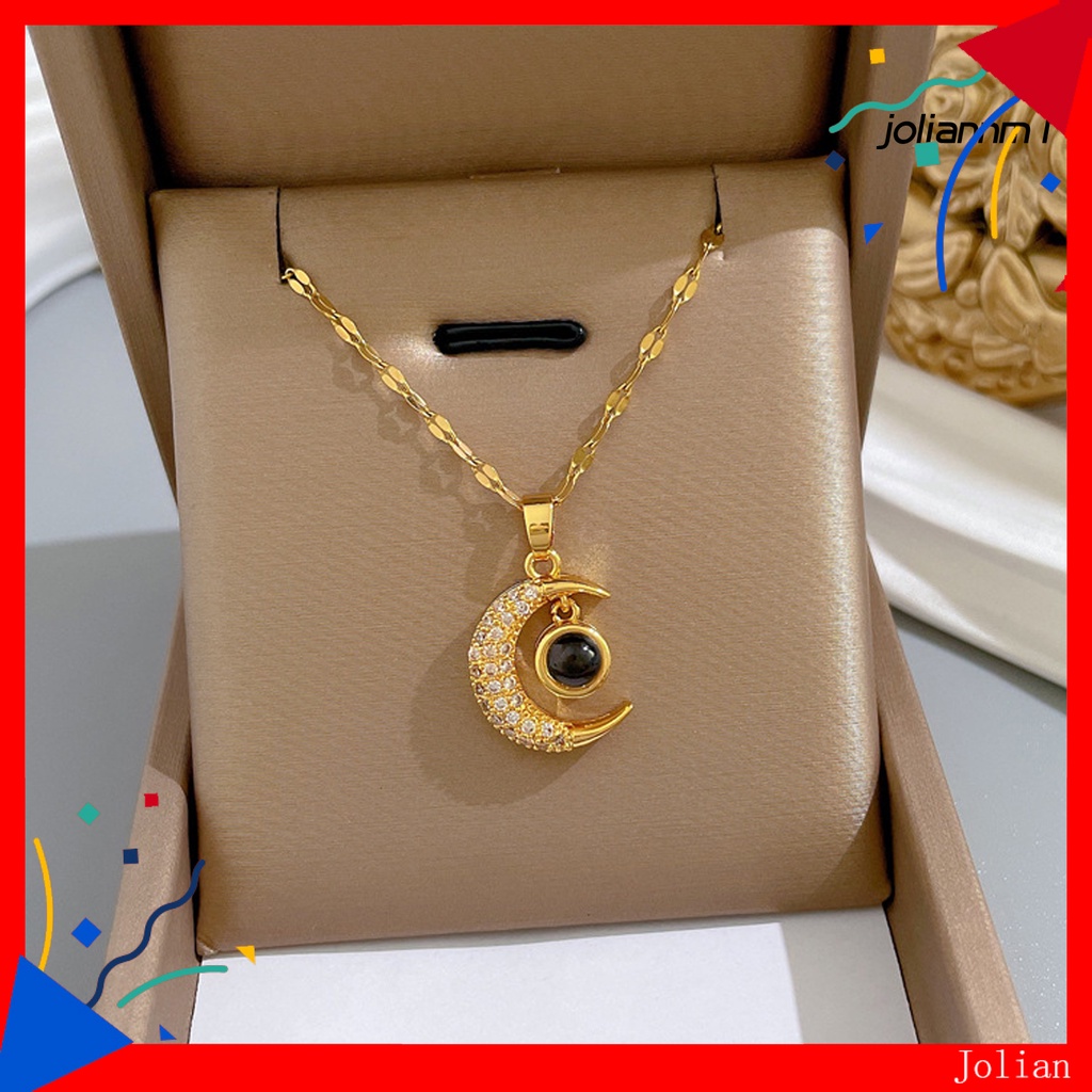 Vòng cổ Mặt Hình Mặt Trăng Bằng Thép Titan Đính Đá Tinh Tế Sáng Bóng Mặc Hàng Ngày