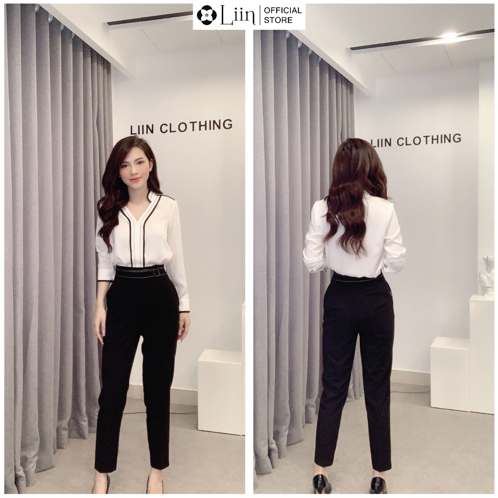 Áo sơ mi nữ dài tay form công sở màu Trắng Cổ Tàu kết hợp viền đen thanh lịch Liin Clothing SM3565